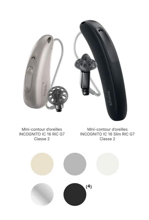 Photo d'appareils auditifs et couleurs disponibles selon la gamme sélectionnée